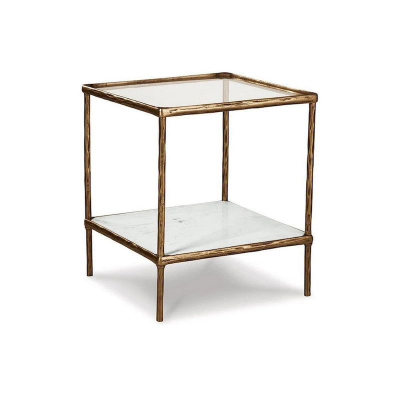 Table d'appoint de 25 pouces, plateau en verre carré, marbre, or antique