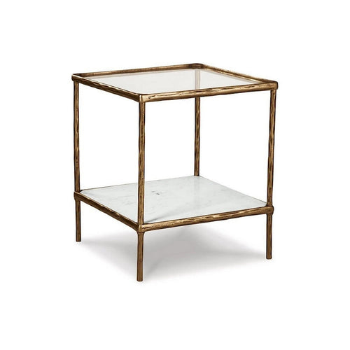 25 Inch Accent Table, Square Glass Tabletop, Marble, Antique Gold