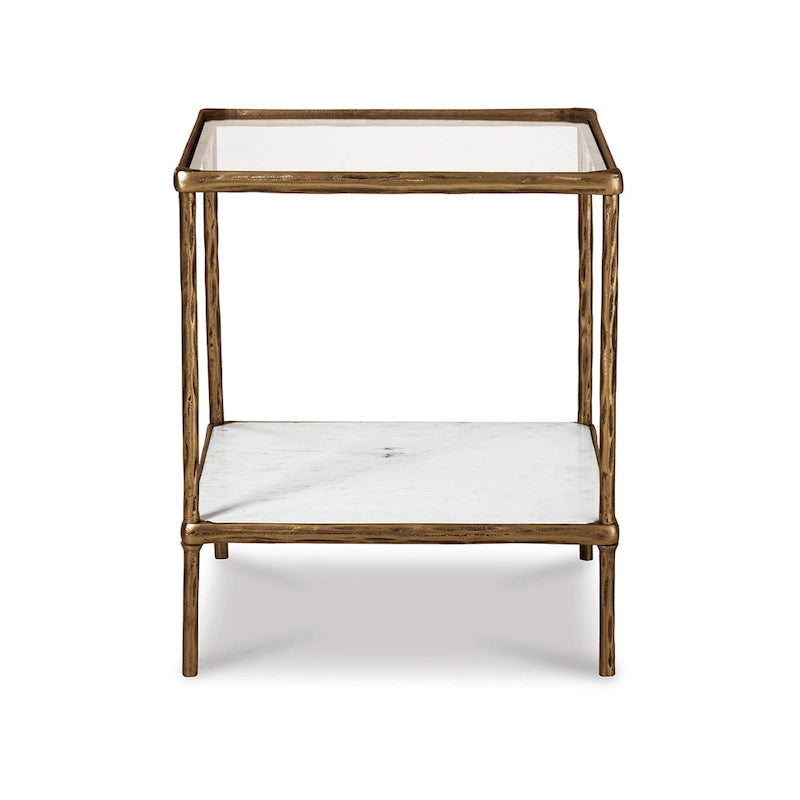 Table d'appoint de 25 pouces, plateau en verre carré, marbre, or antique