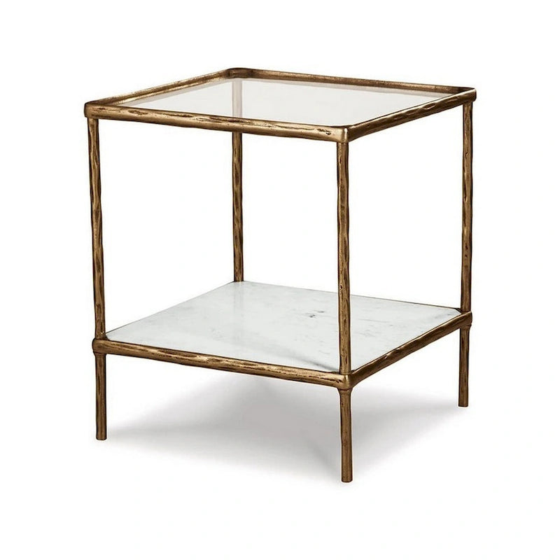 Table d'appoint de 25 pouces, plateau en verre carré, marbre, or antique