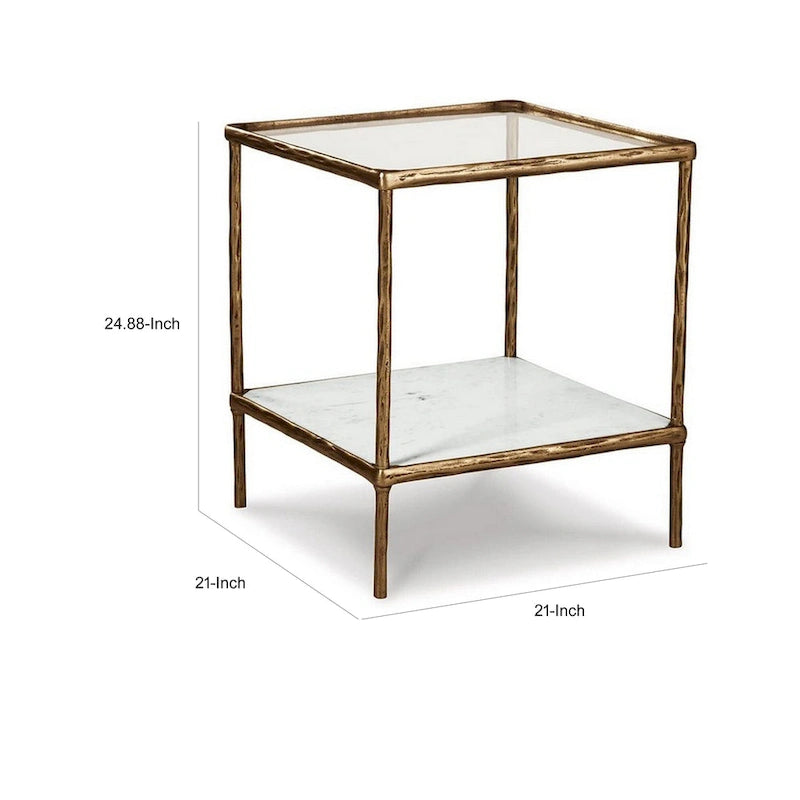Table d'appoint de 25 pouces, plateau en verre carré, marbre, or antique