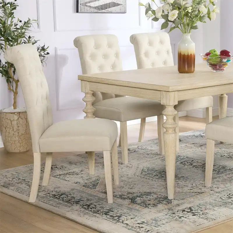 Table de salle à manger filaire en bois tourné avec finition blanche