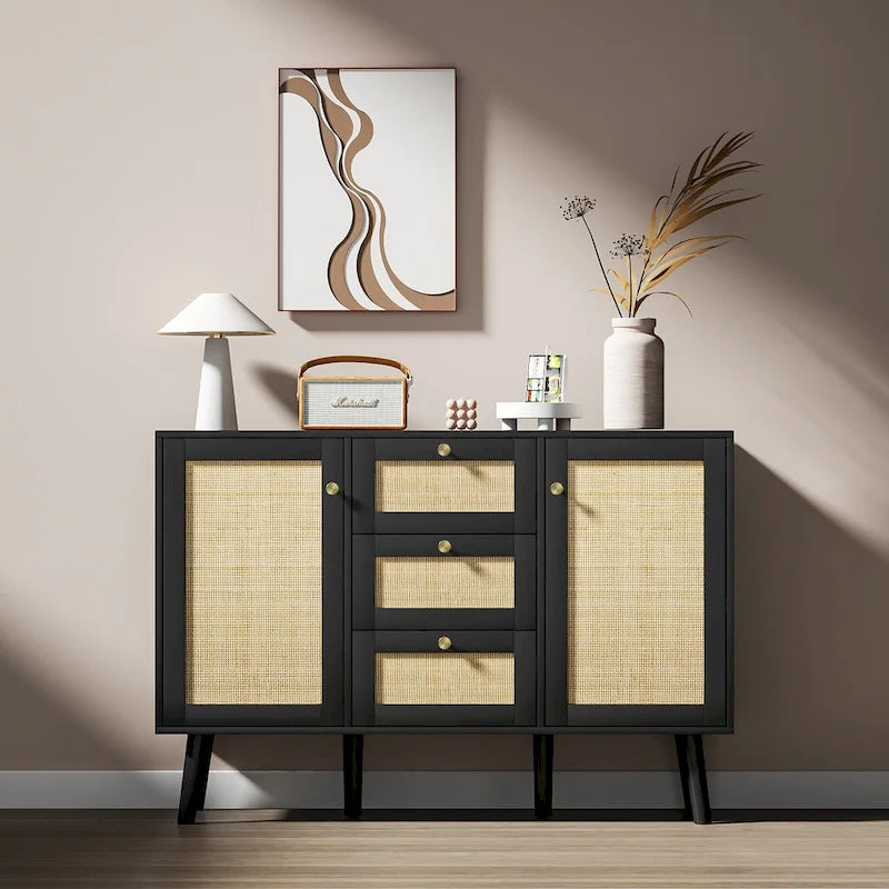 Buffet/Bahut Rétro Moderne Noir avec Rotin, Meuble d'Appoint de Rangement avec 3 Tiroirs et 2 Portes