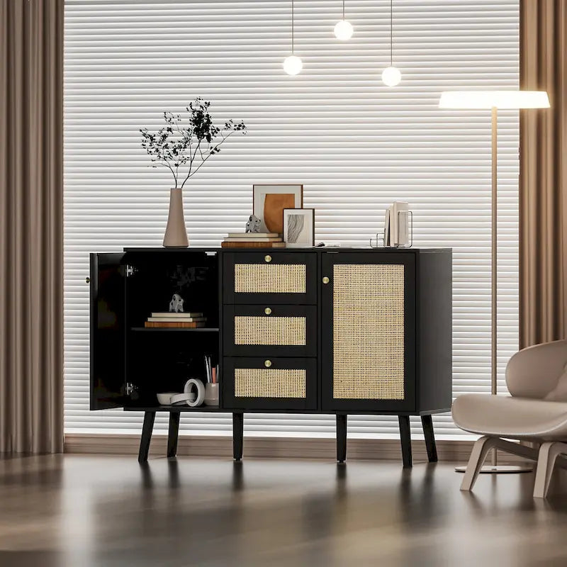 Buffet/Bahut Rétro Moderne Noir avec Rotin, Meuble d'Appoint de Rangement avec 3 Tiroirs et 2 Portes