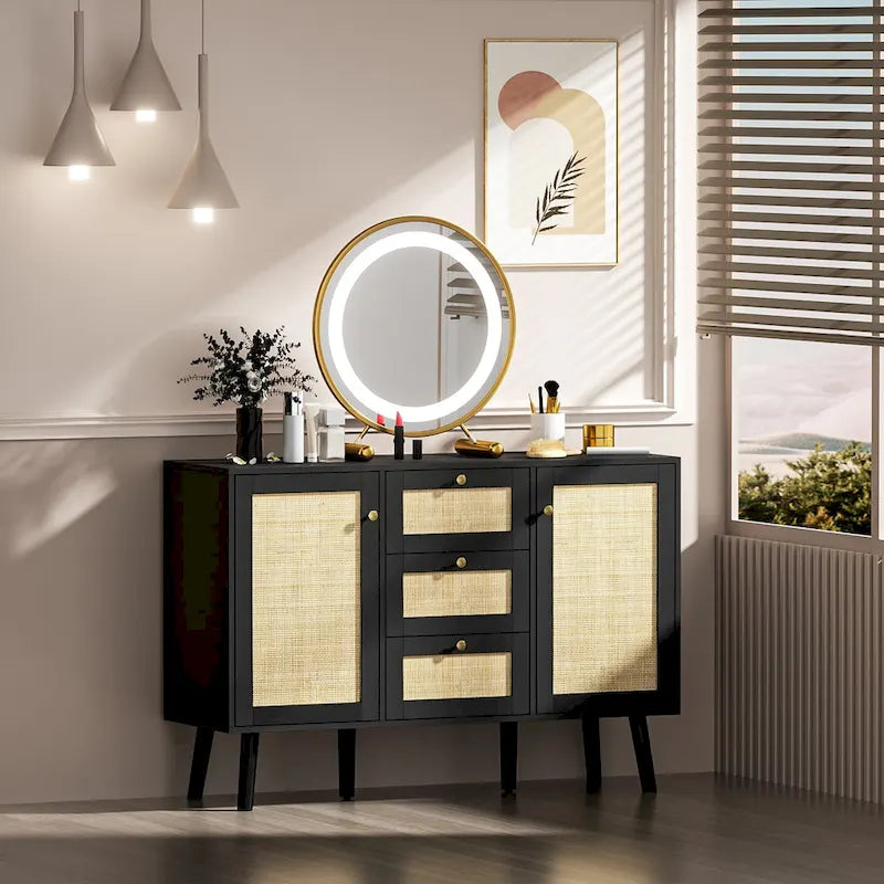 Buffet/Bahut Rétro Moderne Noir avec Rotin, Meuble d'Appoint de Rangement avec 3 Tiroirs et 2 Portes