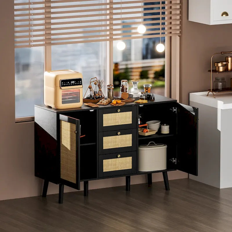 Buffet/Bahut Rétro Moderne Noir avec Rotin, Meuble d'Appoint de Rangement avec 3 Tiroirs et 2 Portes