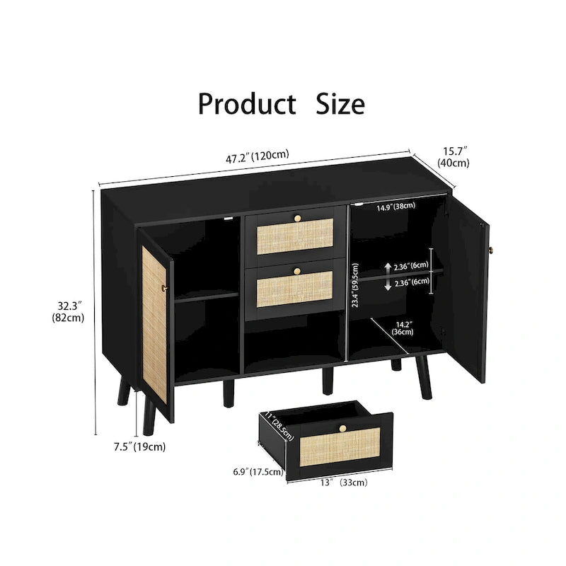 Buffet/Bahut Rétro Moderne Noir avec Rotin, Meuble d'Appoint de Rangement avec 3 Tiroirs et 2 Portes