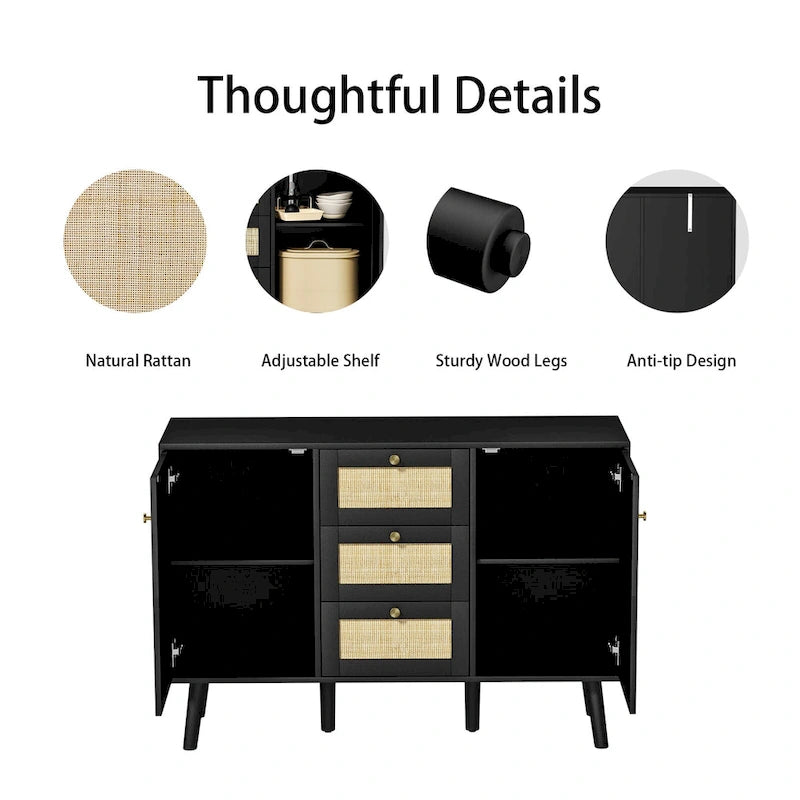Buffet/Bahut Rétro Moderne Noir avec Rotin, Meuble d'Appoint de Rangement avec 3 Tiroirs et 2 Portes