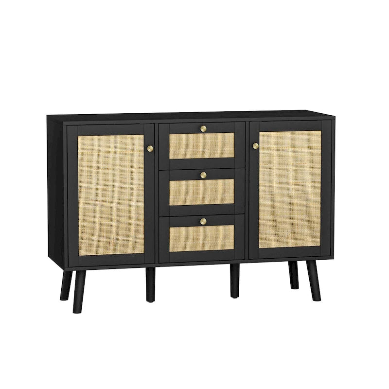 Buffet/Bahut Rétro Moderne Noir avec Rotin, Meuble d'Appoint de Rangement avec 3 Tiroirs et 2 Portes