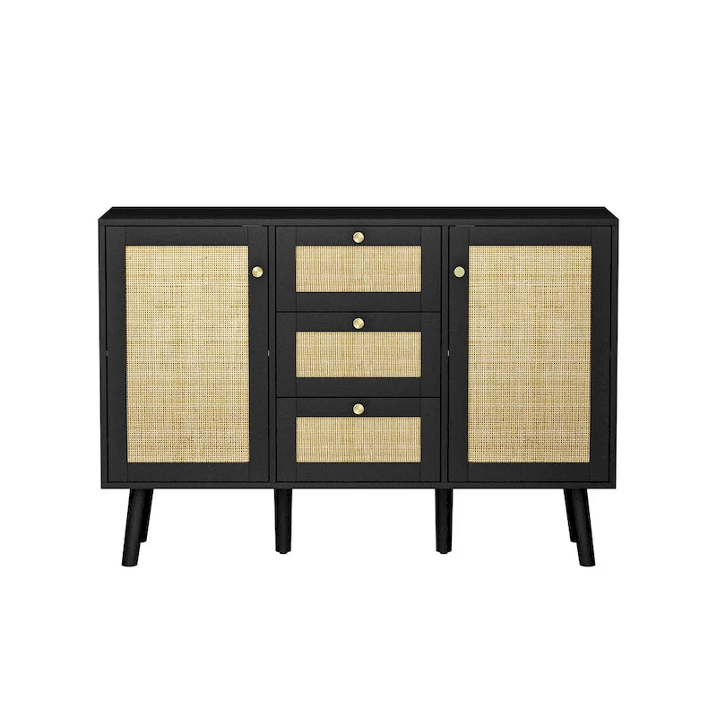 Buffet/Bahut Rétro Moderne Noir avec Rotin, Meuble d'Appoint de Rangement avec 3 Tiroirs et 2 Portes