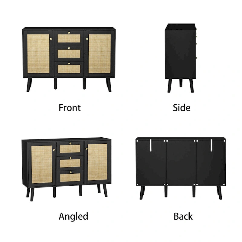 Buffet/Bahut Rétro Moderne Noir avec Rotin, Meuble d'Appoint de Rangement avec 3 Tiroirs et 2 Portes