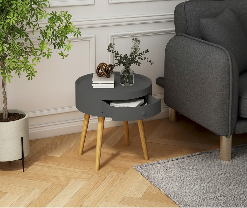 Table basse moderne avec tiroir, table de chevet, table d'appoint de canapé, pieds de table en chêne, convient pour le salon et la chambre à coucher, gris
